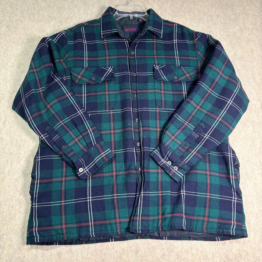 Rich's Flannel Shirt Jacket Mens Large Green Plaid Quilted Lined Vintage Pockets